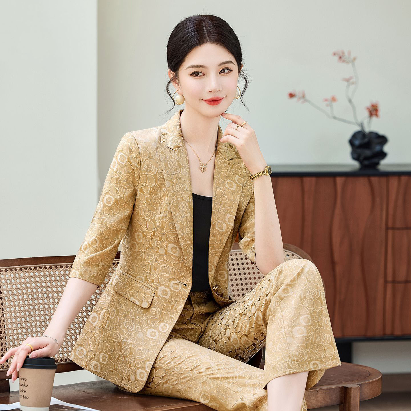 Women'S Formal Wear Pants Suit - 패션 살구색 반팔 전문직 정장 여성