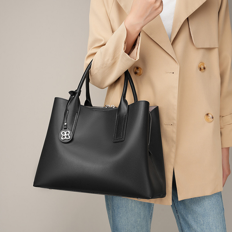 Shoulder Bag Structured - 여성용 블랙 천연 가죽 스트럭쳐드 토트백,