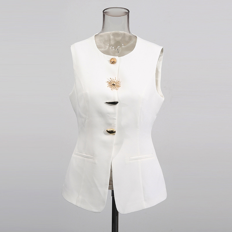 Women Formal Wear Vest - 화이트 O넥 베스트 골드 스페셜 버튼