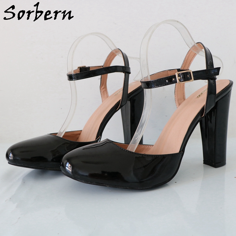 Pump Heel Block - Sorbern 블랙 샤이니 블록 하이힐 발목