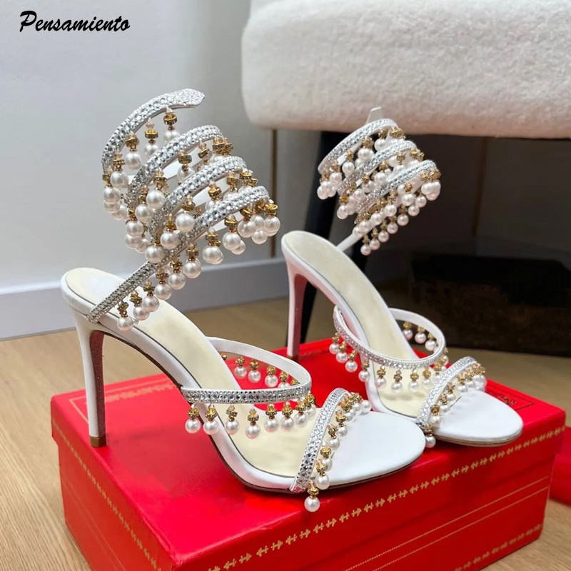 Women'S Formal Wear To A Wedding - 럭셔리 라인스톤 진주 태슬 여성 글래디에이터