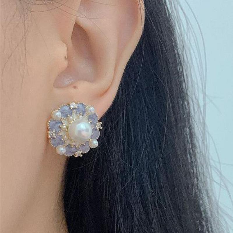 Pearl Earring Stud - 925 실버 바늘 빈티지 보라색 오일