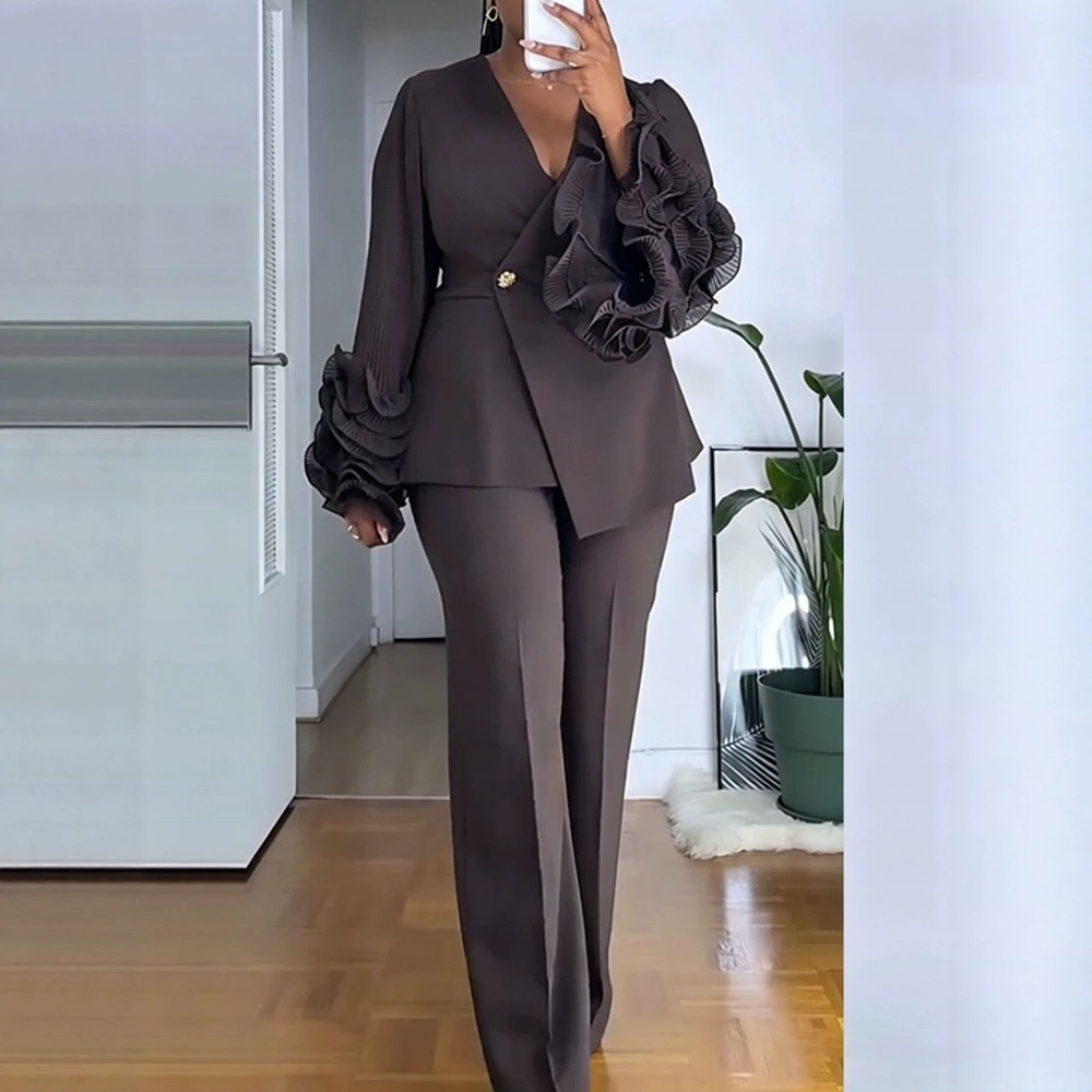Formal Attire Woman - 여성용 2피스 팬츠 슈트 딥-V 러플
