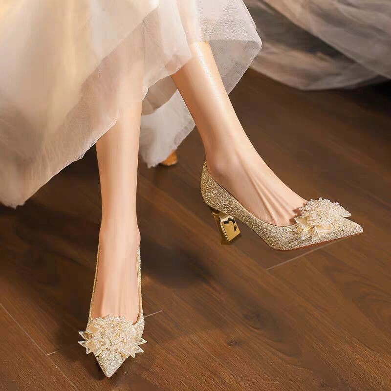 Pump Heel Block - 라인스톤 플라워 블록 힐 싱글 슈즈