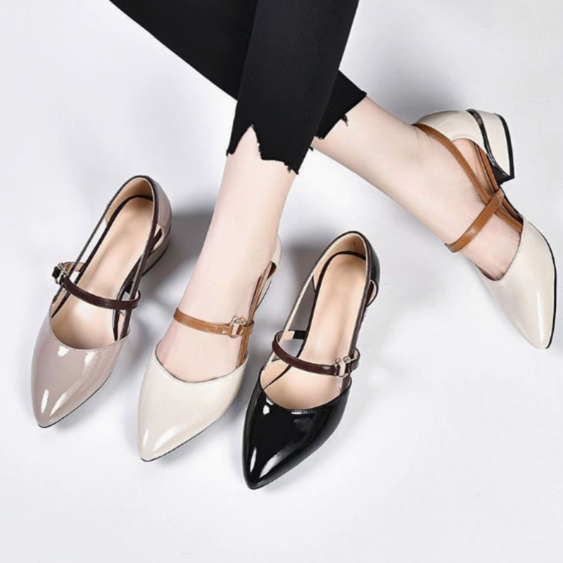 Pump Heel Block - 여성 투톤 슬링백 슈즈 포인티드 토