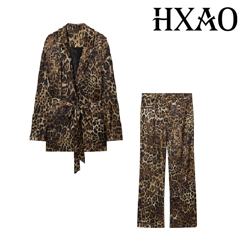 HXAO 레오파드 팬츠 세트 2피스 세트 빈티지 롱 블 - Formal Attire Woman 리뷰 및 가격