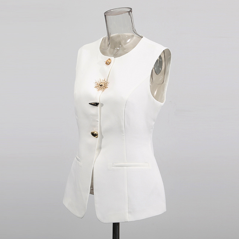 화이트 O넥 베스트 골드 스페셜 버튼 슬림 싱글 브레스 - Women Formal Wear Vest 리뷰 및 가격