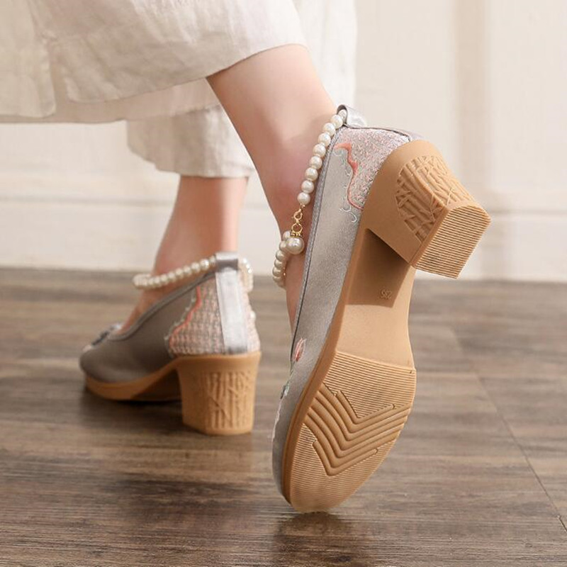 여성용 빈티지 진주 발목 스트랩 펌프, 에스닉 자수 하 - Pump Heel Block 리뷰 및 가격