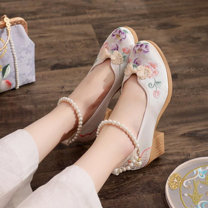여성용 빈티지 진주 발목 스트랩 펌프, 에스닉 자수 하 - Pump Heel Block 리뷰 및 가격