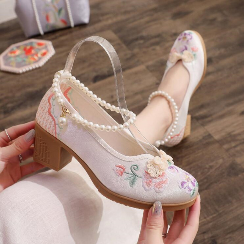 여성용 빈티지 진주 발목 스트랩 펌프, 에스닉 자수 하 - Pump Heel Block 리뷰 및 가격