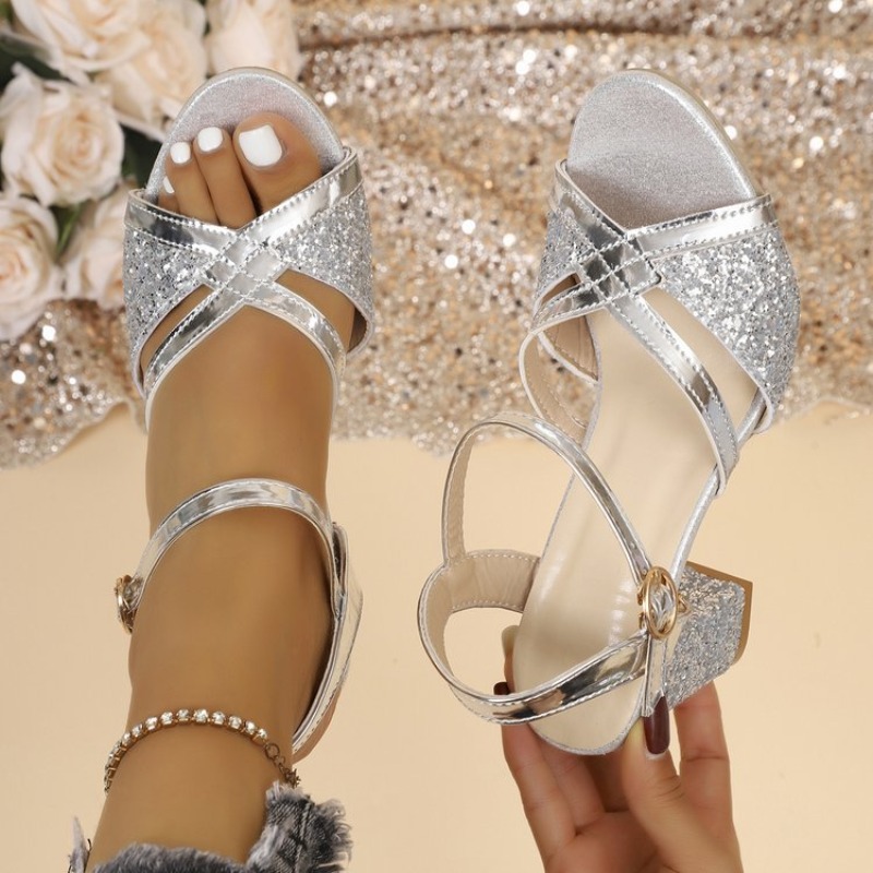 여성 블록 힐 샌들 골드 반짝이 크로스 스트랩 발목 버 - Women'S Formal Wear To A Wedding 리뷰 및 가격