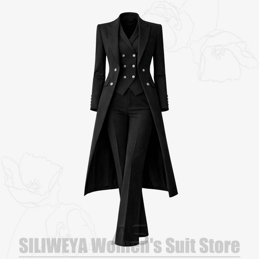 여성 정장 3피스 더블 브레스티드 롱 코트 베스트 팬츠 - Women Formal Wear Vest 리뷰 및 가격