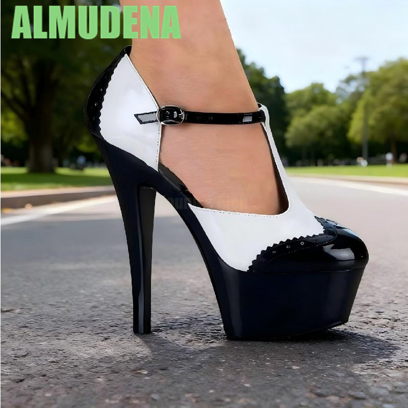 스트라이프 컬러 블록 펌프스, 세련된 흑백 심플 라운드 - Pump Heel Block 리뷰 및 가격