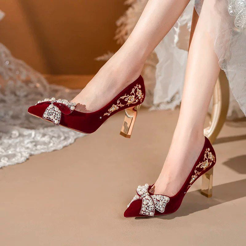 자수 블록 힐 싱글 슈즈 여성용 뾰족코 얕은 입구 진주 - Pump Heel Block 리뷰 및 가격