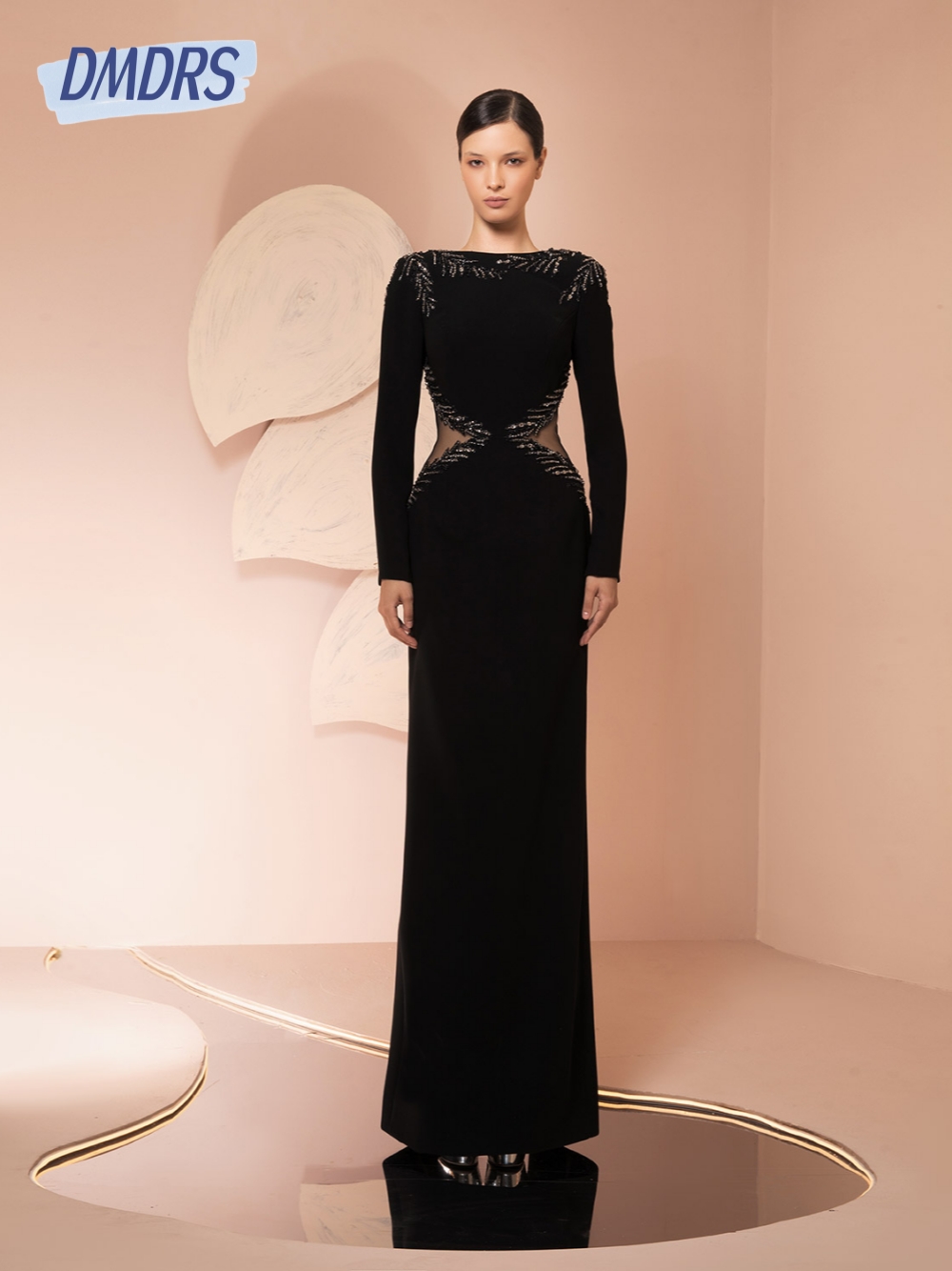 블랙 컷 아웃 이브닝 드레스 품위있는 보트 넥 긴 소매 - Women Formal Wear Dubai 리뷰 및 가격