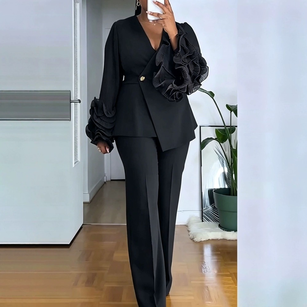 여성용 2피스 팬츠 슈트 딥-V 러플 긴소매 블레이저  - Formal Attire Woman 리뷰 및 가격
