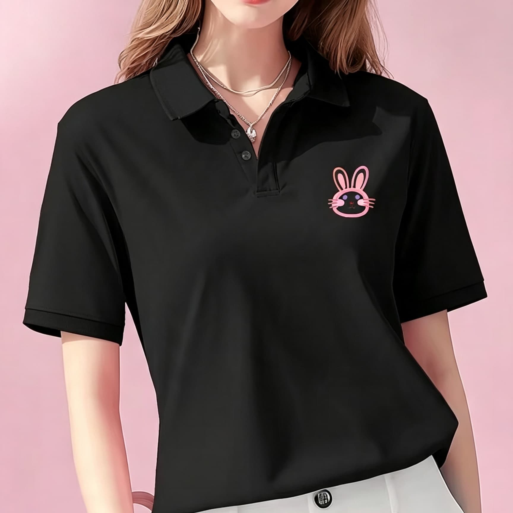 유니섹스 블랙 라펠 칼라 폴로 셔츠 귀여운 핑크 윤곽선 - Women Formal Wear Black 리뷰 및 가격