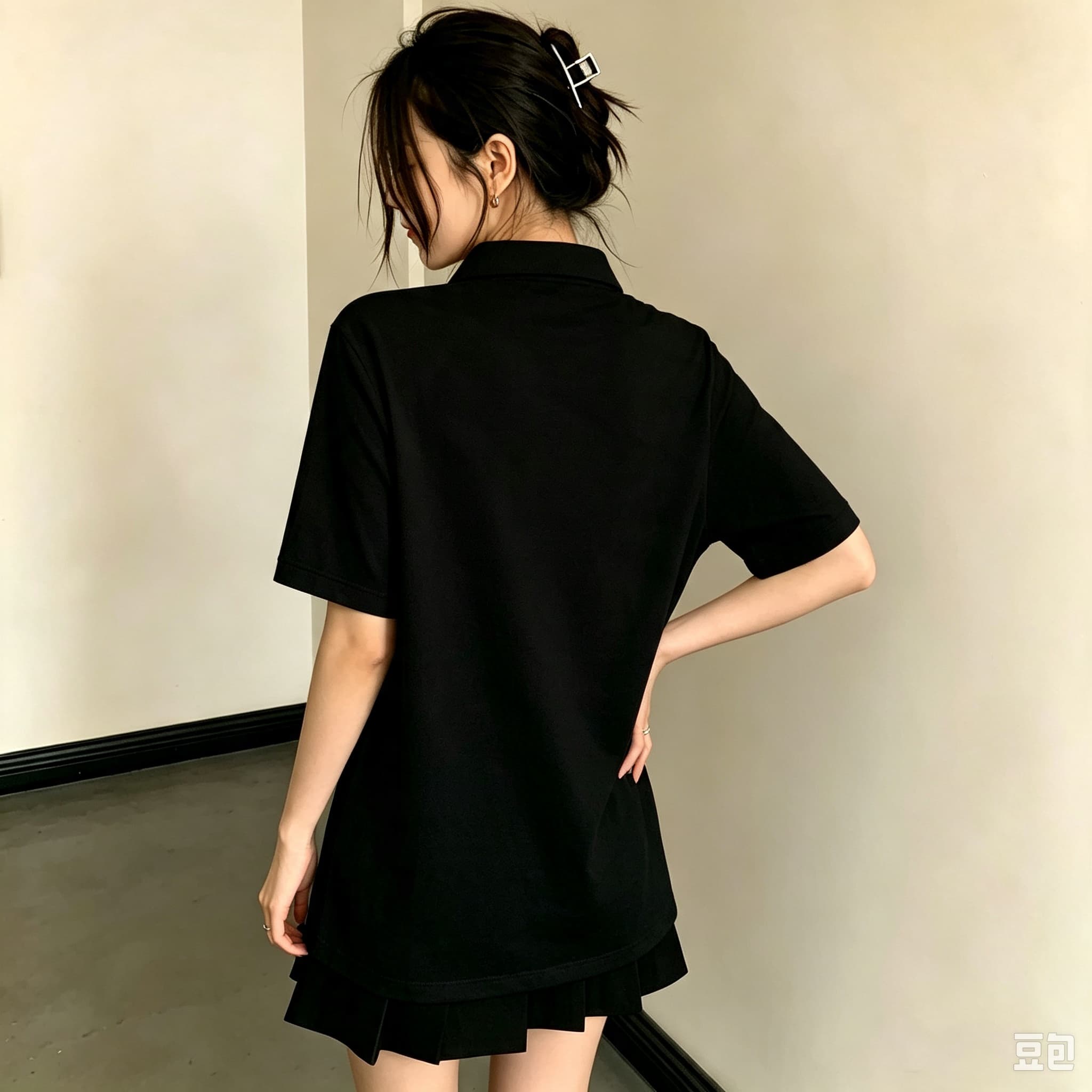 유니섹스 블랙 라펠 칼라 폴로 셔츠 귀여운 핑크 윤곽선 - Women Formal Wear Black 리뷰 및 가격