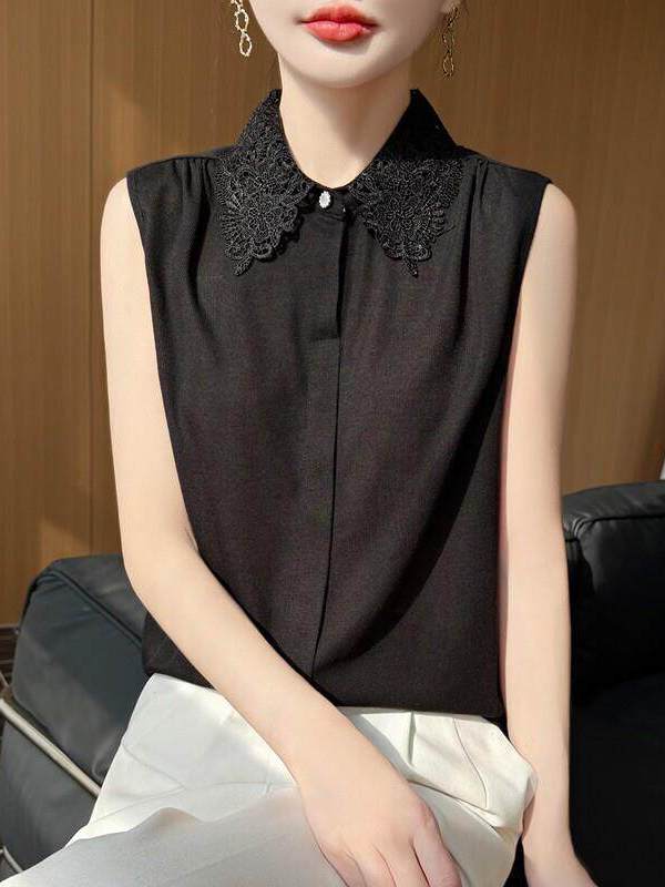 레이스 트림 민소매 니트 셔츠 여성용 단색 베스트 티셔 - Women Formal Wear Vest 리뷰 및 가격